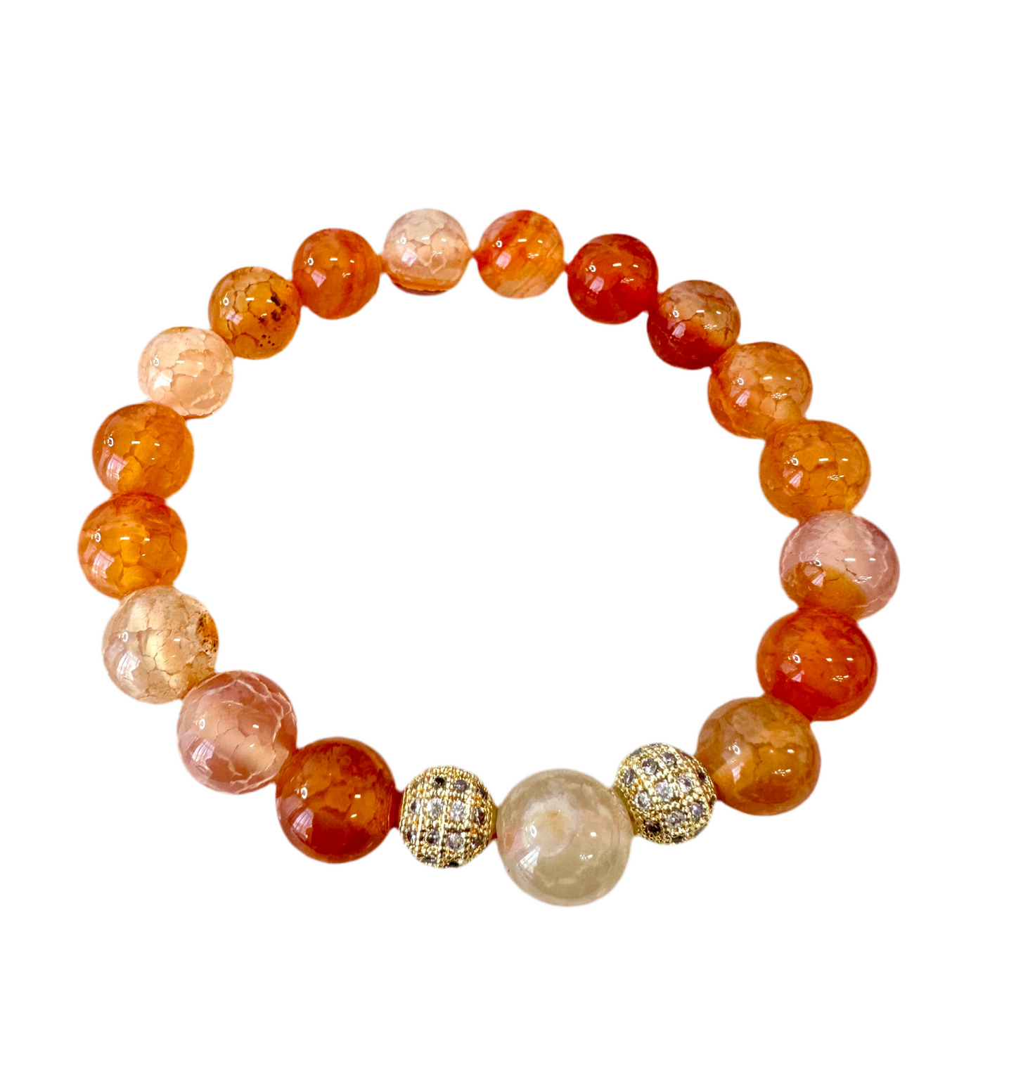 Fire Agate Stretch Beaded Bracelet is handmade with 10MM beads and shimmering gold spacers for a unique and detailed look. - Creations by Rosa