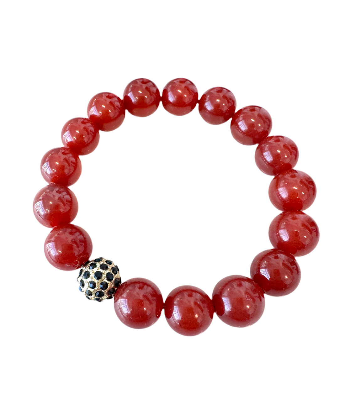 This 12M stretch bracelet is crafted with Red Onyx Agate Beads, cubic zirconia balls, and rhinestone spacers- a lovely combination fit for gifting to friends and family.