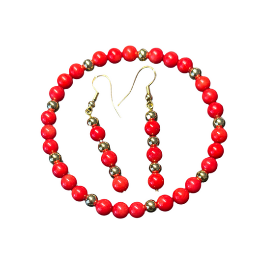 Red coral beads with 18 karat gold plated spaces stretch bracelet with earrings a set￼ - Creations by Rosa