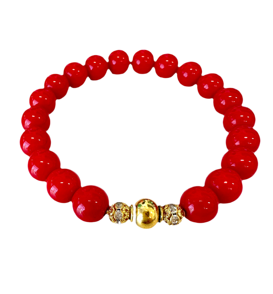 This high-quality Red Coral bracelet, designed with handmade stretches and gold and rondelle spacers, is an ideal present for anyone.