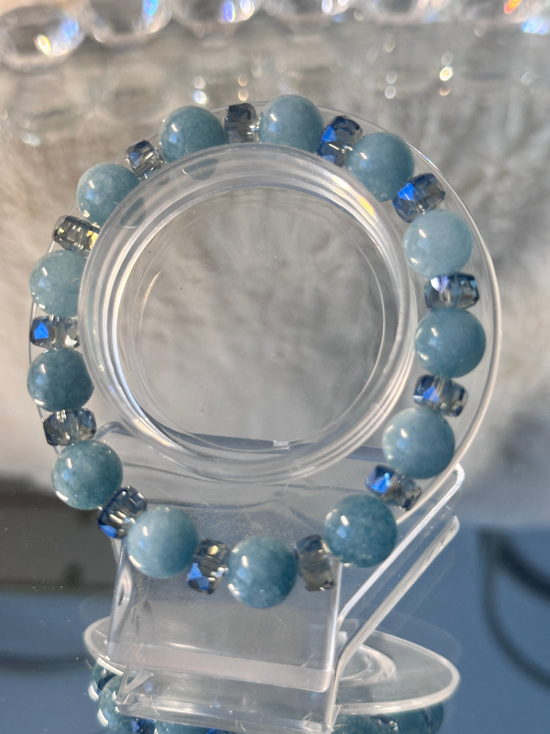 Blue Aquamarines Chalcedony with crystal glass spacers stretch bracelet